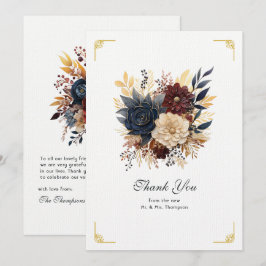 Cartão De Agradecimento Casamento Floral em Dourado, Azul Marinho e Borgon