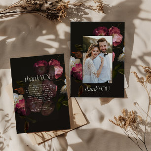 Cartão De Agradecimento Casamento Floral Escuro Temperamental Preto Burgun