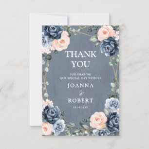 Cartão De Agradecimento Casamento Floral Geométrico com Bege e Azul Poeire