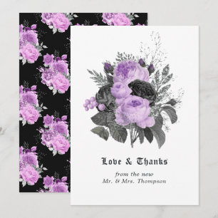 Cartão De Agradecimento Casamento Floral Gótico Preto, Roxo e Prata