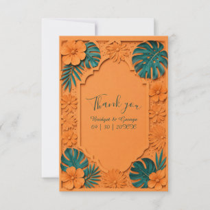 Cartão De Agradecimento casamento floral havaiano com corte falso laranja