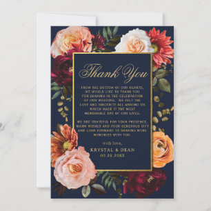 Cartão De Agradecimento Casamento Floral Laranja Burgundy Escuro Navy Dour