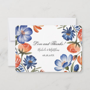 Cartão De Agradecimento Casamento Floral Laranja e Azul Cobalto