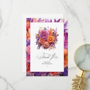 Cartão De Agradecimento Casamento Floral Laranja, Rosa-choque e Roxo Real