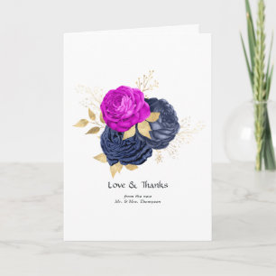 Cartão De Agradecimento Casamento Floral Magenta Naval e Dourado