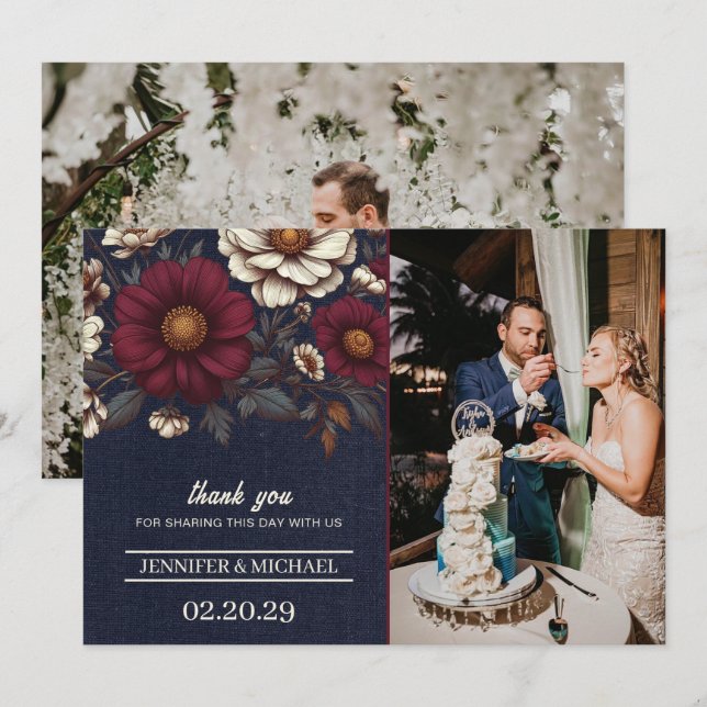 Cartão De Agradecimento Casamento Floral marinho Azul e Borgonha (Frente/Verso)