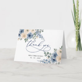 Cartão De Agradecimento Casamento Floral Moderno Azul Poeirento Marfim Beg