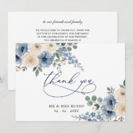 Cartão De Agradecimento Casamento Floral Moderno Azul Poeirento Marfim Beg