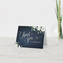 Cartão De Agradecimento Casamento floral moderno em azul marinho branco co