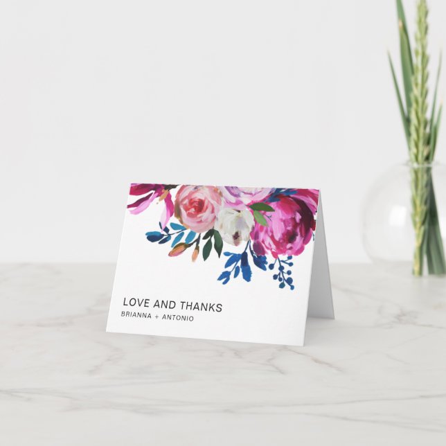 Cartão De Agradecimento Casamento Floral Moderno Rosa Brilhante Brilhante (Frente)