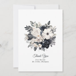 Cartão De Agradecimento Casamento Floral Negro e Branco