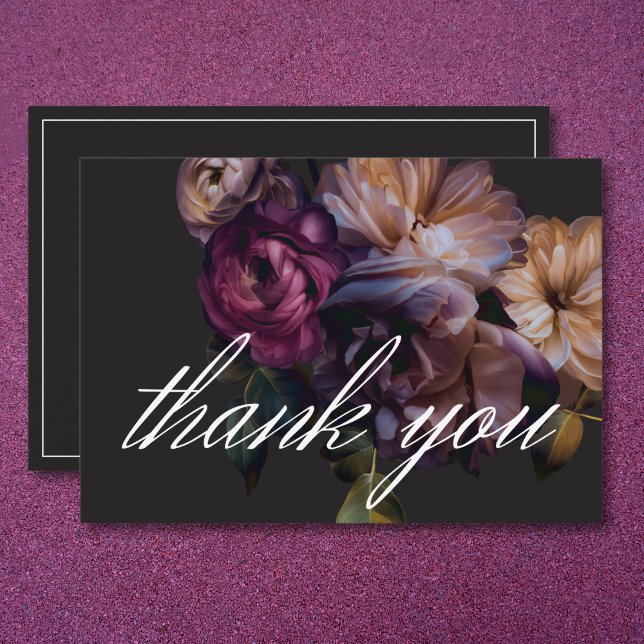 Cartão De Agradecimento Casamento Floral Negro Elegante (Elegant Black Moody Floral Wedding Thank You Card)