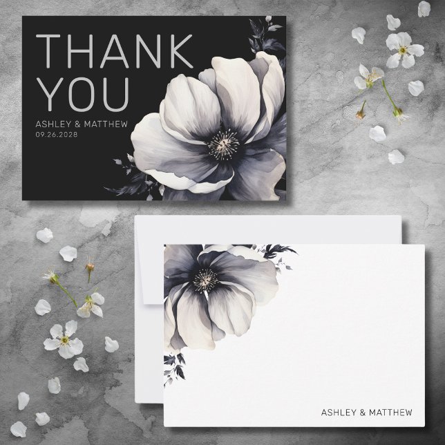 Cartão De Agradecimento Casamento Floral Negro Moderno (Modern Black Floral Wedding Thank You Card)