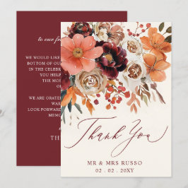 Cartão De Agradecimento Casamento Floral Outono Laranja Borgonha