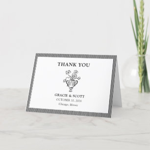 Cartão De Agradecimento Casamento Floral Preto e Branco Clássico com Listr