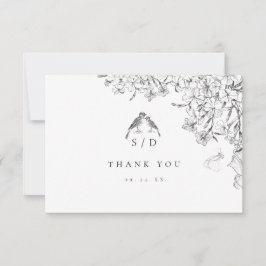 Cartão De Agradecimento Casamento Floral Preto e Branco Clássico Elegante