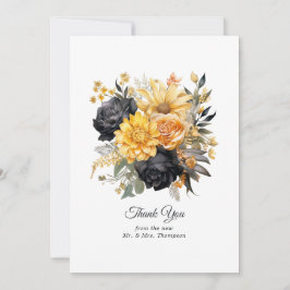 Cartão De Agradecimento Casamento Floral Preto e Dourado