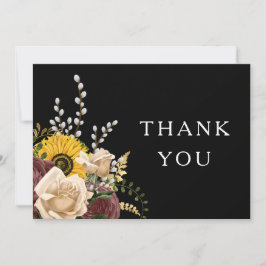 Cartão De Agradecimento Casamento Floral Preto Elegante