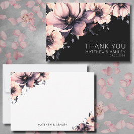 Cartão De Agradecimento Casamento Floral Preto-Rosa Moderno