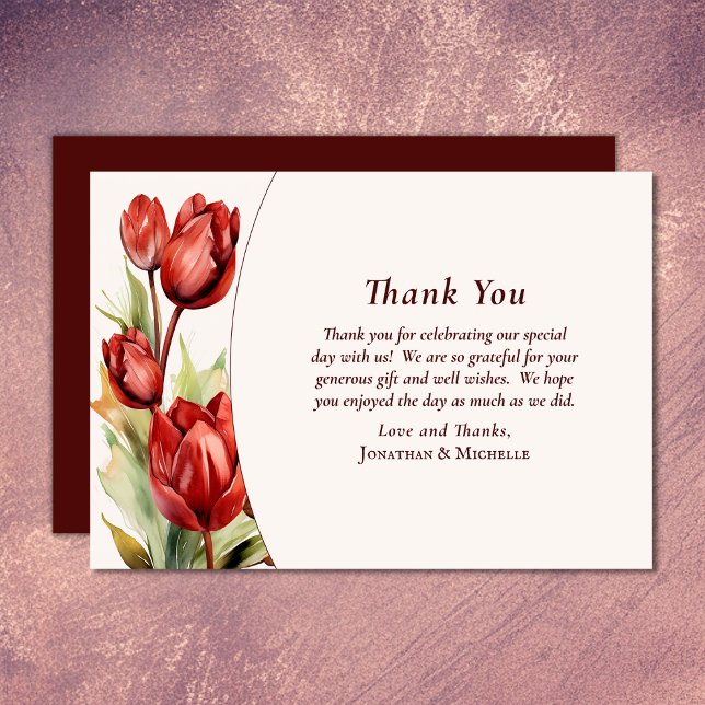 Cartão De Agradecimento Casamento Floral Primavera (Watercolor Red Tulips Spring Floral Wedding Thank You Card)