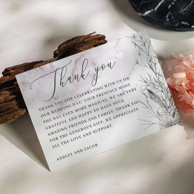 Cartão De Agradecimento Casamento floral púrpura empoeirado de cor aquosa  (Criador carregado)