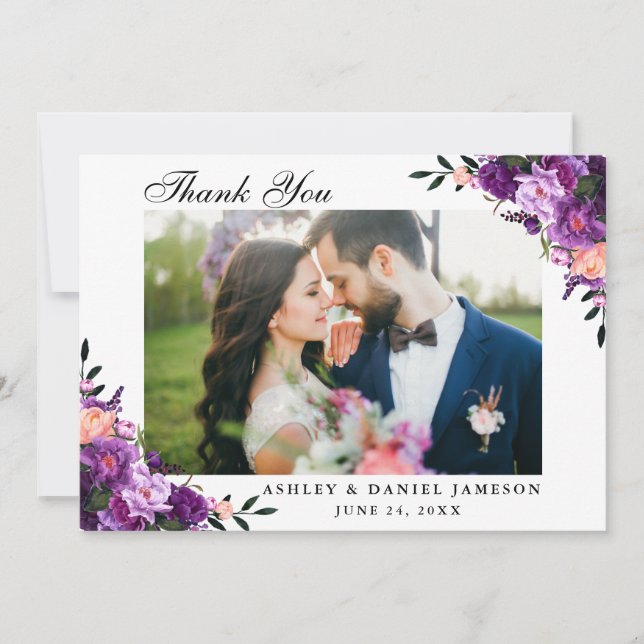 Cartão De Agradecimento Casamento Floral Púrpura Ultra Violeta Por Aquarel (Frente)