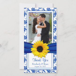 Cartão De Agradecimento Casamento Floral Real De Girassol-Azul Agradecido