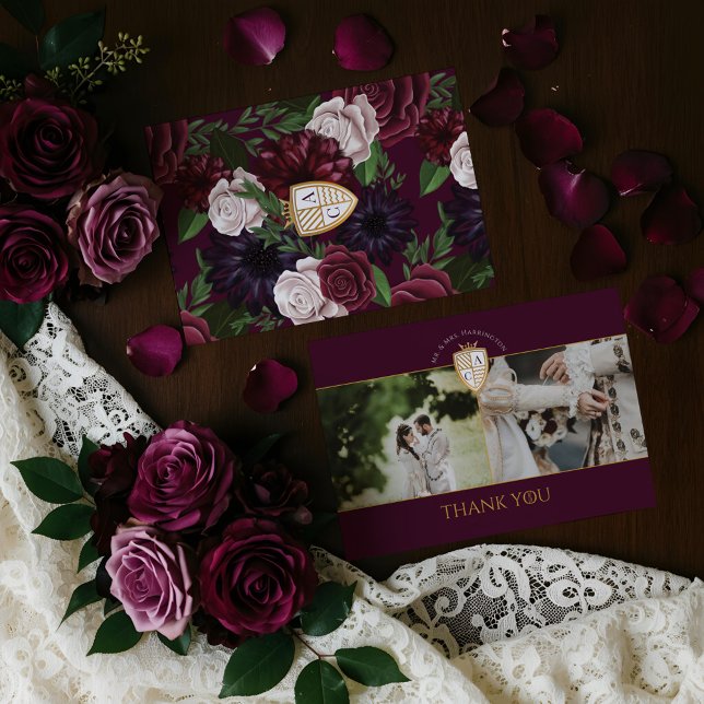 Cartão De Agradecimento Casamento Floral Real Muse Medieval Fantasy Shield (Royal Muse Medieval Fantasy Shield Floral Wedding Thank You Card)