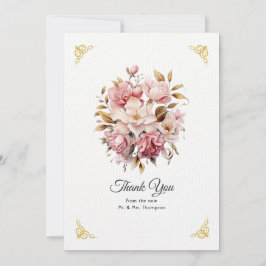 Cartão De Agradecimento Casamento Floral Rosa e Dourado