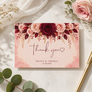 Cartão De Agradecimento Casamento Floral Rosa Elegância Borgonha Aquarela