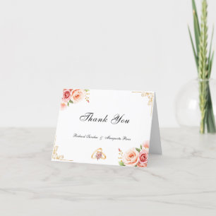 Cartão De Agradecimento Casamento Floral Rosa Elegante com Fronteira Doura
