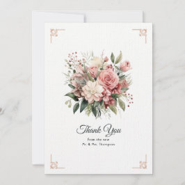 Cartão De Agradecimento Casamento Floral Rosa Empoeirado, Verde Menta e Bl