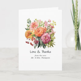Cartão De Agradecimento Casamento Floral Rosa, Laranja e Verde