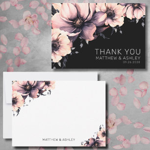 Cartão De Agradecimento Casamento Floral Rosa Moderno Preto