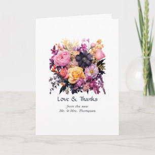 Cartão De Agradecimento Casamento Floral Rosa, Roxo, Preto e Dourado