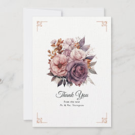 Cartão De Agradecimento Casamento Floral Roxo, Cinza, Cobre e Rosa Empoeir