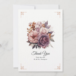 Cartão De Agradecimento Casamento Floral Roxo, Cinza, Cobre e Rosa Empoeir