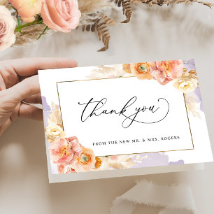 Cartão De Agradecimento Casamento Floral Roxo e Bege Elegante