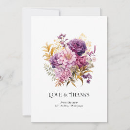 Cartão De Agradecimento Casamento Floral Roxo e Dourado