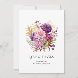 Cartão De Agradecimento Casamento Floral Roxo e Dourado