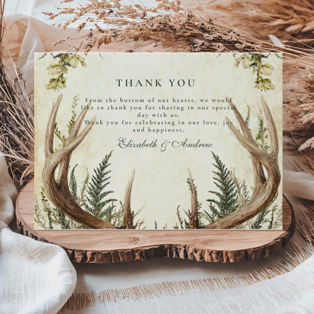 Cartão De Agradecimento Casamento Floral Rustic Antler Woodland (Criador carregado)