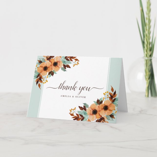 Cartão De Agradecimento Casamento Floral Rustic Mint e Brown Obrigado (Frente)