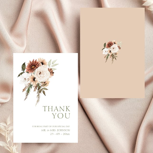 Cartão De Agradecimento Casamento Floral Rustic Peach Terracotta Greenery (Elegant Peach Olive Green Floral Wedding Thank You Card)