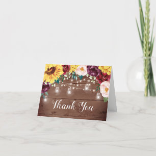 Cartão De Agradecimento Casamento Floral Rustic Sunflower Wood Jar Lights