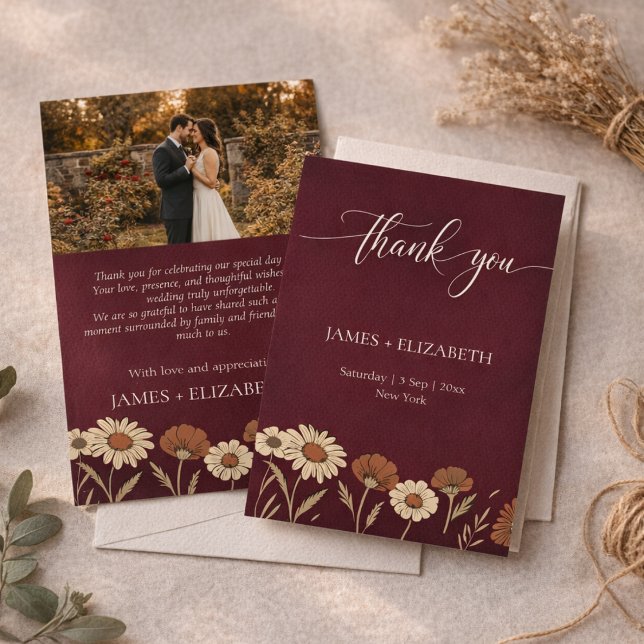 Cartão De Agradecimento Casamento Floral Rústico Borgonha (Criador carregado)