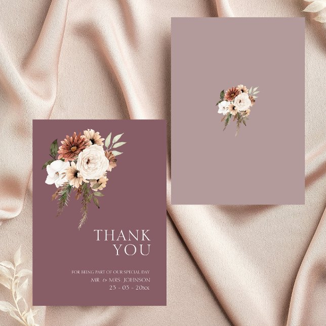 Cartão De Agradecimento Casamento Floral Rústico e Pêssego (Rustic Purple and Peach Floral Wedding Thank You Card)