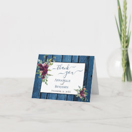 Cartão De Agradecimento Casamento Floral Rústico em Azul Marinho e Borgonh