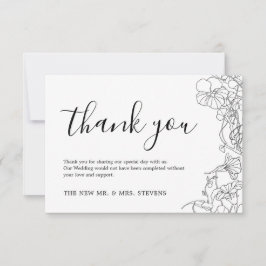 Cartão De Agradecimento Casamento Floral Simples Preto e Branco