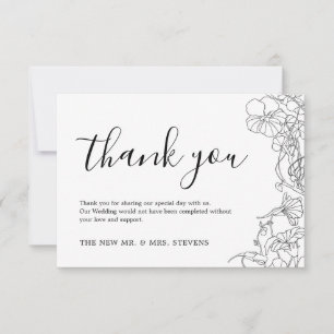 Cartão De Agradecimento Casamento Floral Simples Preto e Branco