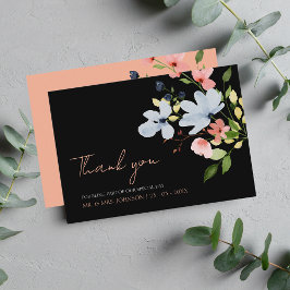 Cartão De Agradecimento Casamento Floral Simples Preto e Rosa